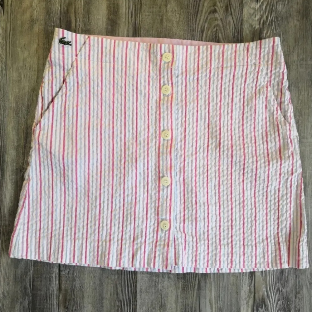 Lacoste, seersucker button up mini skirt with pockets